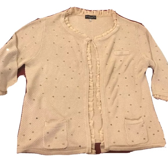 Colleen Lopez BEIGE tan shiny knit hook Cardigan sweater ruffles 3/4 sleeves 3X - Picture 1 of 15